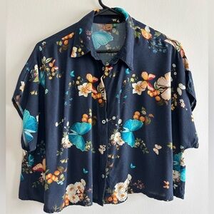 Farm Rio Floral Butterfly Print Button-Up Shirt blue Petite